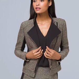 White House Black Market Camel Tweed Faux Leather Trim Blazer Moto Jackets 0/XS
